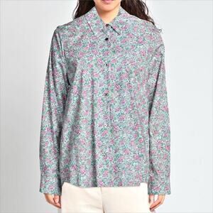 6397 "Clean Uniform" Floral Button-Up Top Size XS 100% Cotton Mauve Green White